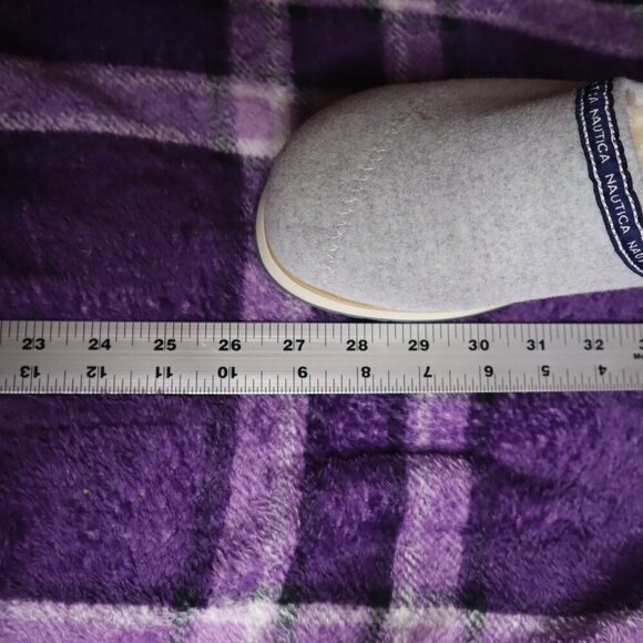 GREY SCUFF SLIPPERS 6.5 Nautica Blue Fleece Spring Fall Warm Casual Logo - Picture 8 of 10